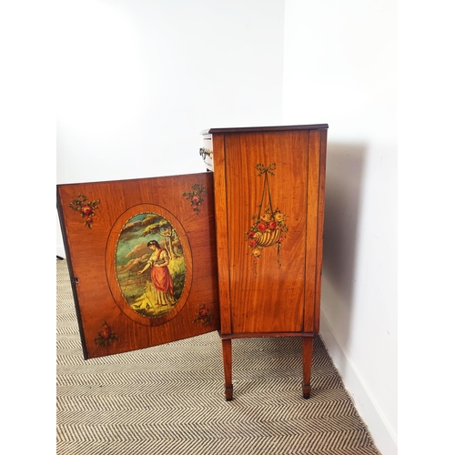 160 - SATINWOOD SIDE CABINET, early 20th century Edwardian bowfront satinwood and painted with two drawers... 