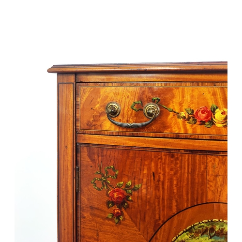 160 - SATINWOOD SIDE CABINET, early 20th century Edwardian bowfront satinwood and painted with two drawers... 