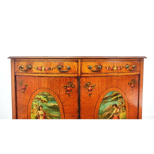 160 - SATINWOOD SIDE CABINET, early 20th century Edwardian bowfront satinwood and painted with two drawers... 