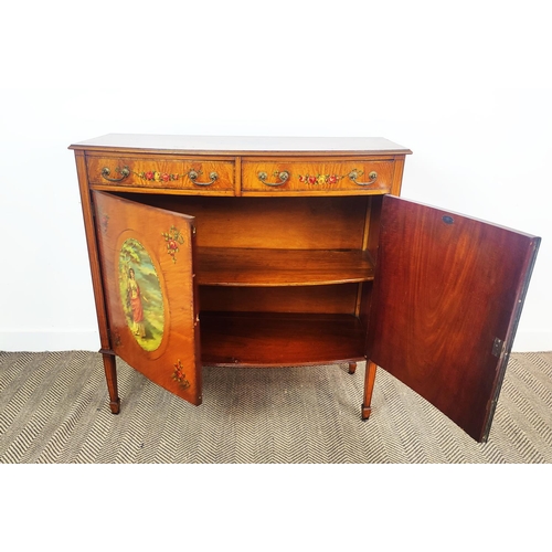 160 - SATINWOOD SIDE CABINET, early 20th century Edwardian bowfront satinwood and painted with two drawers... 