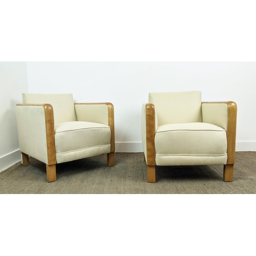 157 - ARMCHAIRS, a pair, mid 20th century Swedish birch with wooden arms and cream woven upholstery, each ... 