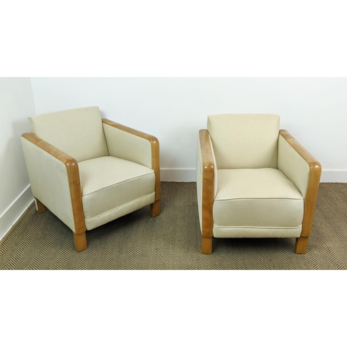 157 - ARMCHAIRS, a pair, mid 20th century Swedish birch with wooden arms and cream woven upholstery, each ... 