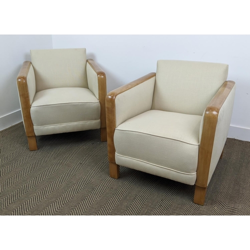 157 - ARMCHAIRS, a pair, mid 20th century Swedish birch with wooden arms and cream woven upholstery, each ... 