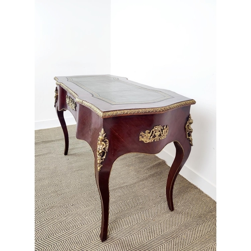 143 - BUREAU PLAT, Louis XV style with green leather top above three drawers, 87cm H x 128cm x 67cm.