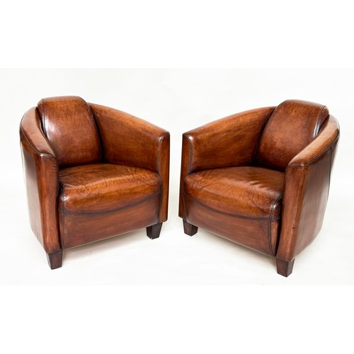 111 - AVIATOR ARMCHAIRS, a pair, compact proportions hand-finished antique tan brown leather upholstered, ... 