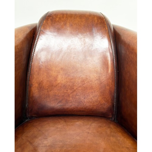 111 - AVIATOR ARMCHAIRS, a pair, compact proportions hand-finished antique tan brown leather upholstered, ... 