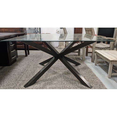 321 - DINING TABLE, beveled glass top, ebonised base, 140cm x 140cm x 76cm.