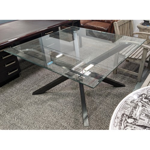 321 - DINING TABLE, beveled glass top, ebonised base, 140cm x 140cm x 76cm.