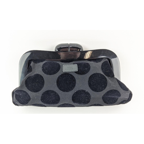 10 - LULU GUINNESS VINTAGE CLUTCH, with crossover clasp in black resin, polka dot pattern with purple fab... 