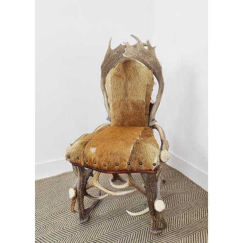 97 - ANTLER CHAIR,  Anthony Redmile style with deer skin upholstered seat, 96cm H x 50cm W.