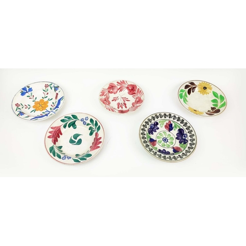 30 - CERAMIC PLATES, five, handpainted with Hispanic rustic foliate decoration. (5)