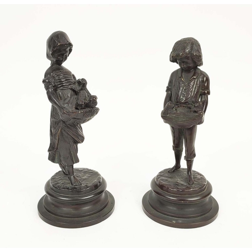 28 - BRONZE FIGURES, a pair, puppy and kitten sellers, signature to base, 26cm H. (2)