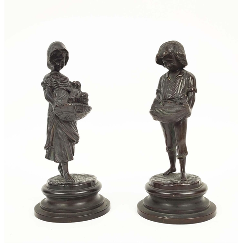 28 - BRONZE FIGURES, a pair, puppy and kitten sellers, signature to base, 26cm H. (2)