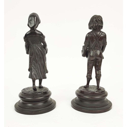 28 - BRONZE FIGURES, a pair, puppy and kitten sellers, signature to base, 26cm H. (2)