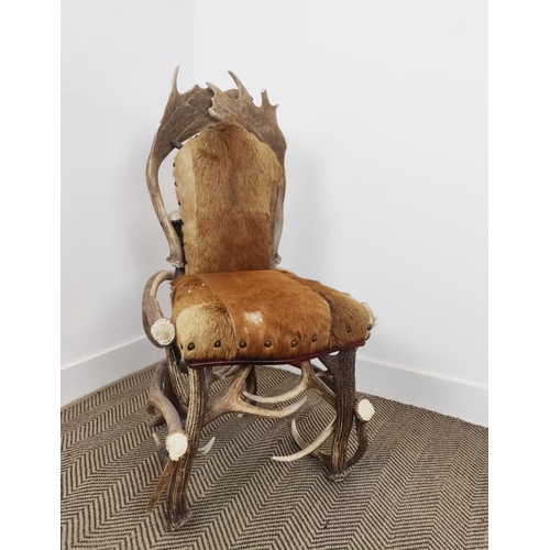 97 - ANTLER CHAIR,  Anthony Redmile style with deer skin upholstered seat, 96cm H x 50cm W.