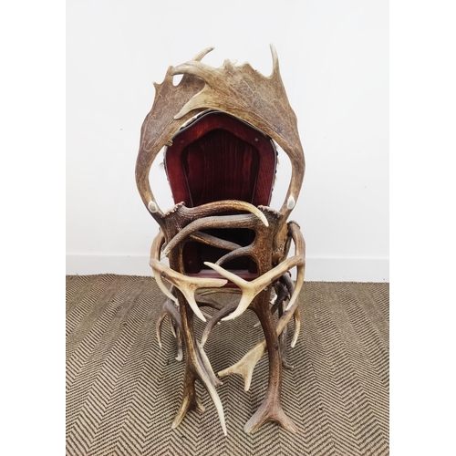 97 - ANTLER CHAIR,  Anthony Redmile style with deer skin upholstered seat, 96cm H x 50cm W.