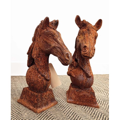 435 - HORSE HEADS, a pair, cast metal with an oxidised finish, 46cm H. (2)