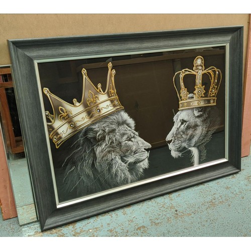 449 - CONTEMPORARY SCHOOL PRINT, lion and lioness in crowns, framed, 77cm H x 106cm W.