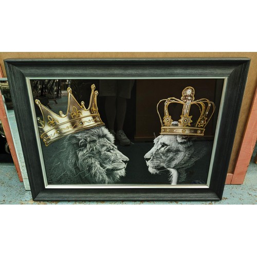 449 - CONTEMPORARY SCHOOL PRINT, lion and lioness in crowns, framed, 77cm H x 106cm W.