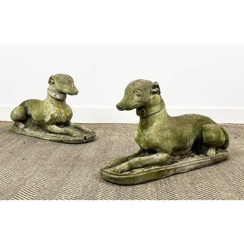 144 - RECUMBENT WHIPPETS, a pair, weathered reconstituted stone, 66cm x 40cm H. (2)