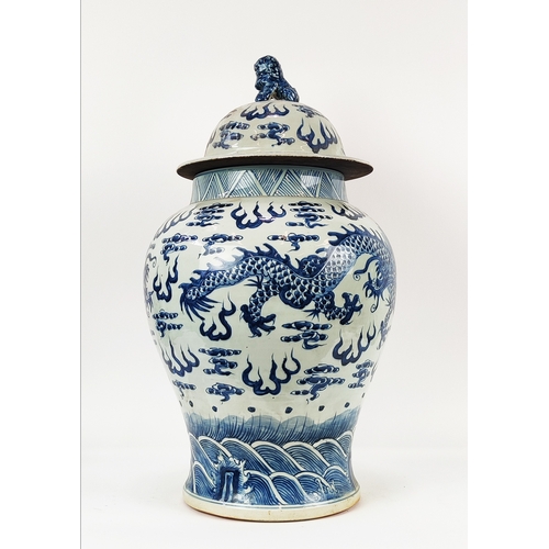 1 - BALUSTER VASE, Chinese blue and white, with dragon amongst cloud decorations, 68cm H.