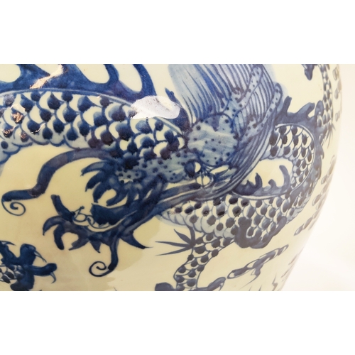 1 - BALUSTER VASE, Chinese blue and white, with dragon amongst cloud decorations, 68cm H.