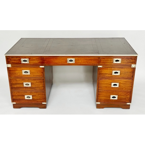 101 - CAMPAIGN STYLE DESK, mahogany and brass bound with tooled leather writing surface, twin pedestals an... 