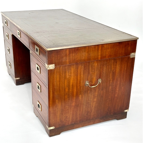 101 - CAMPAIGN STYLE DESK, mahogany and brass bound with tooled leather writing surface, twin pedestals an... 