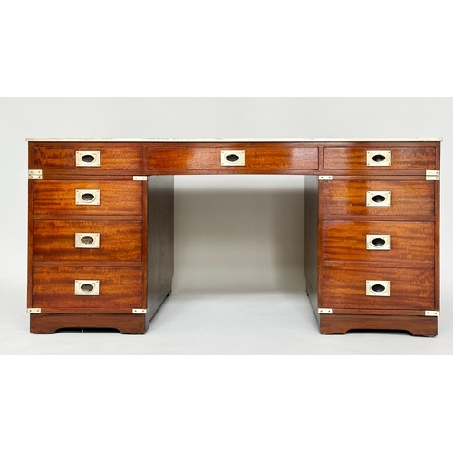 101 - CAMPAIGN STYLE DESK, mahogany and brass bound with tooled leather writing surface, twin pedestals an... 