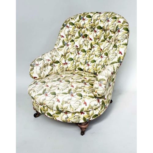 104 - ARMCHAIR, Victorian with deep buttoned botanical print upholstery and turned front supports.