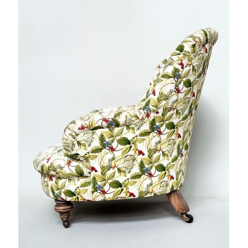 104 - ARMCHAIR, Victorian with deep buttoned botanical print upholstery and turned front supports.