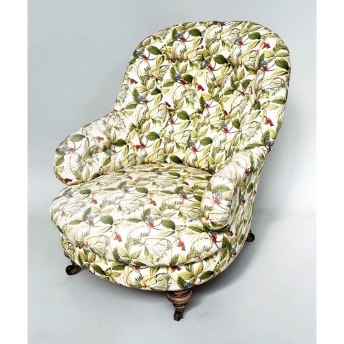 104 - ARMCHAIR, Victorian with deep buttoned botanical print upholstery and turned front supports.