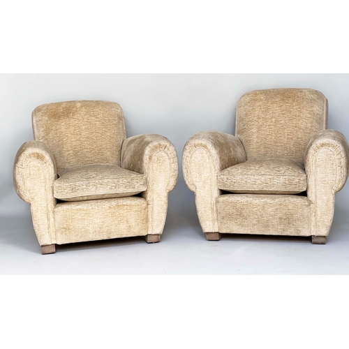 108 - ARMCHAIRS, a pair, Art Deco style, primrose yellow velvet chenille upholstered with rounded arms and... 