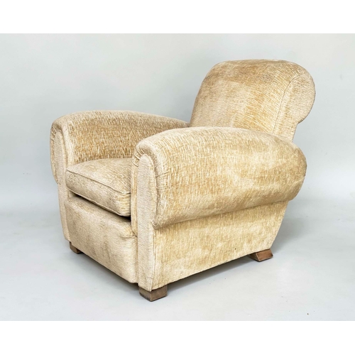 108 - ARMCHAIRS, a pair, Art Deco style, primrose yellow velvet chenille upholstered with rounded arms and... 