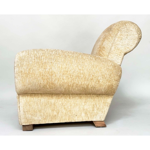 108 - ARMCHAIRS, a pair, Art Deco style, primrose yellow velvet chenille upholstered with rounded arms and... 