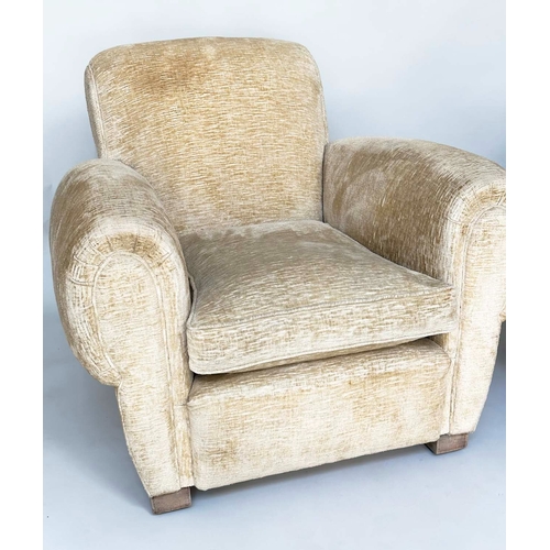 108 - ARMCHAIRS, a pair, Art Deco style, primrose yellow velvet chenille upholstered with rounded arms and... 