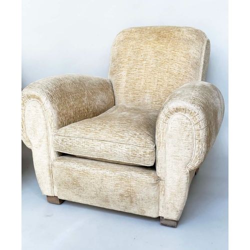 108 - ARMCHAIRS, a pair, Art Deco style, primrose yellow velvet chenille upholstered with rounded arms and... 