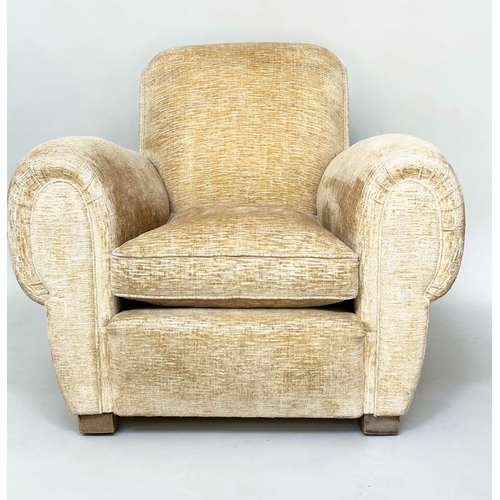 108 - ARMCHAIRS, a pair, Art Deco style, primrose yellow velvet chenille upholstered with rounded arms and... 