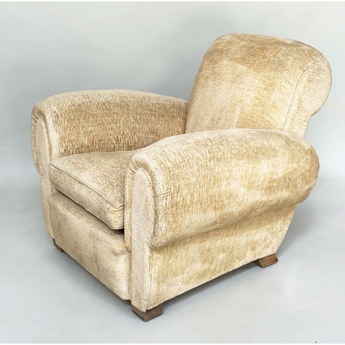 108 - ARMCHAIRS, a pair, Art Deco style, primrose yellow velvet chenille upholstered with rounded arms and... 