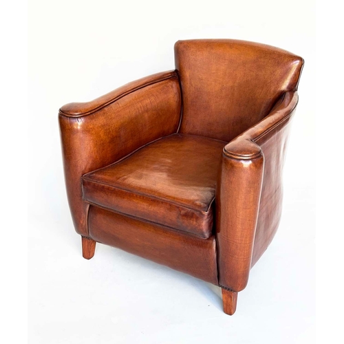 124 - LIBRARY ARMCHAIR, club style hand finished soft tan brown antique leather with arched back, scroll a... 