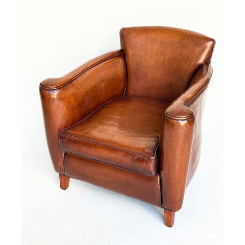 124 - LIBRARY ARMCHAIR, club style hand finished soft tan brown antique leather with arched back, scroll a... 