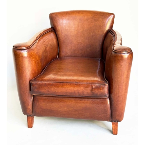 124 - LIBRARY ARMCHAIR, club style hand finished soft tan brown antique leather with arched back, scroll a... 