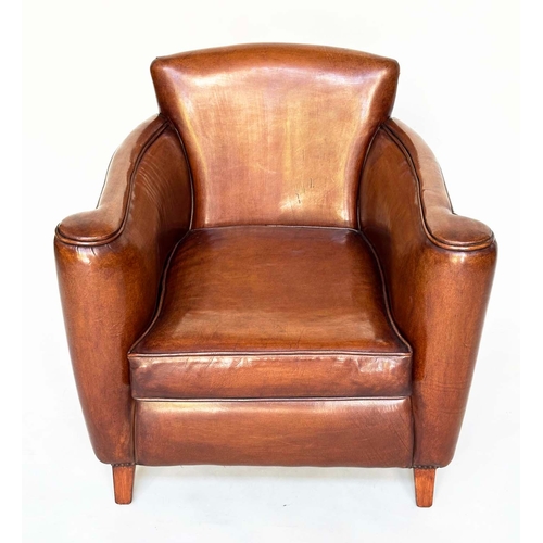 124 - LIBRARY ARMCHAIR, club style hand finished soft tan brown antique leather with arched back, scroll a... 