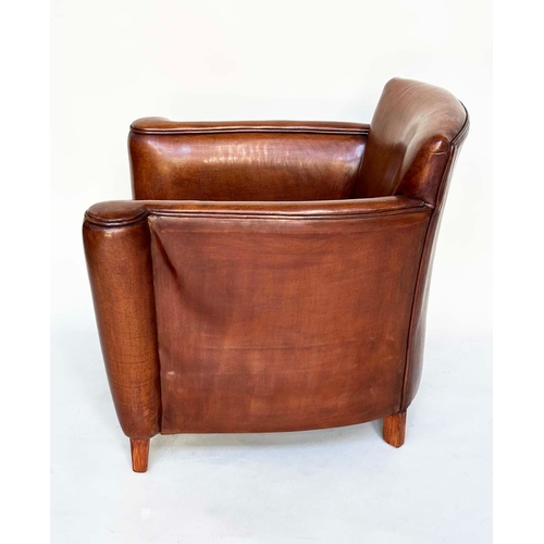 124 - LIBRARY ARMCHAIR, club style hand finished soft tan brown antique leather with arched back, scroll a... 