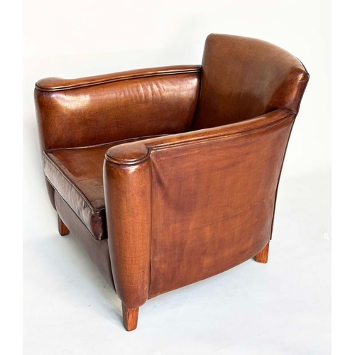 124 - LIBRARY ARMCHAIR, club style hand finished soft tan brown antique leather with arched back, scroll a... 