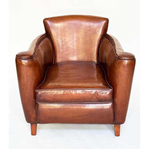 124 - LIBRARY ARMCHAIR, club style hand finished soft tan brown antique leather with arched back, scroll a... 