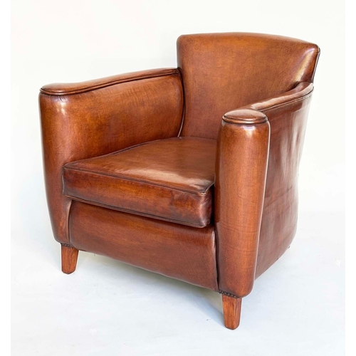 124 - LIBRARY ARMCHAIR, club style hand finished soft tan brown antique leather with arched back, scroll a... 