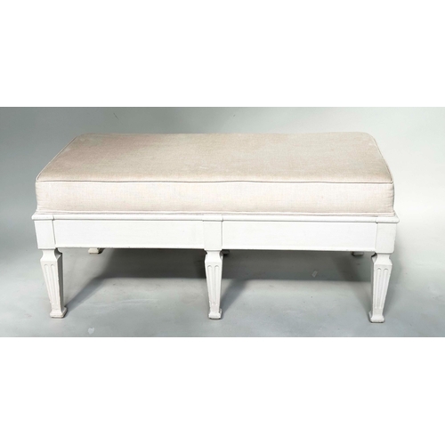 128 - HEARTH STOOL, French Directoire style grey painted rectangular with natural linen piped upholstery, ... 