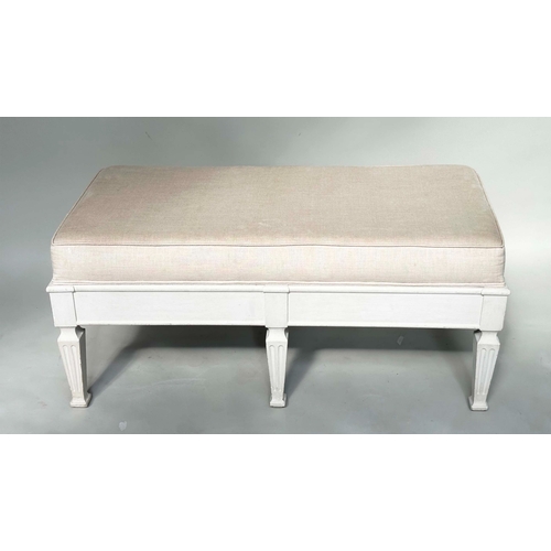 128 - HEARTH STOOL, French Directoire style grey painted rectangular with natural linen piped upholstery, ... 