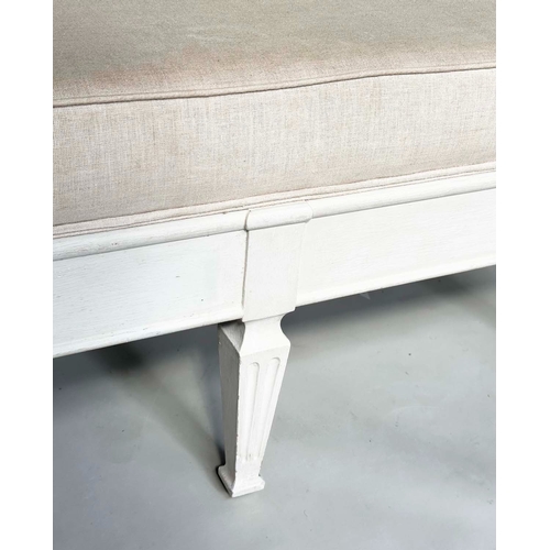 128 - HEARTH STOOL, French Directoire style grey painted rectangular with natural linen piped upholstery, ... 